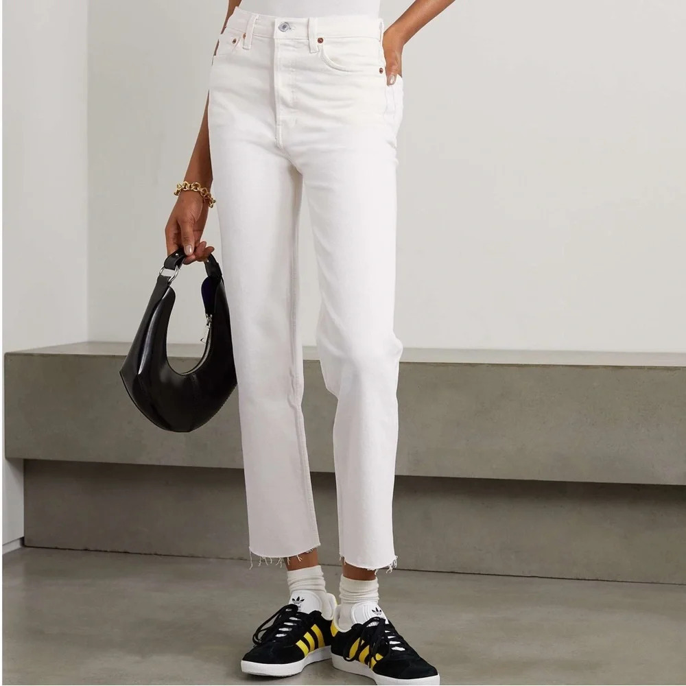Re/Done Originals High Rise Stovepipe Cotton Jeans in White Wash - Size 27